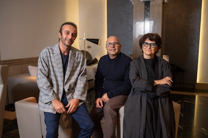 From left, Iranian filmmakers Ali Ahmadzadeh, Mehran Tamadon and Sepideh Farsi; Valladolid, Spain; October 25, 2023.