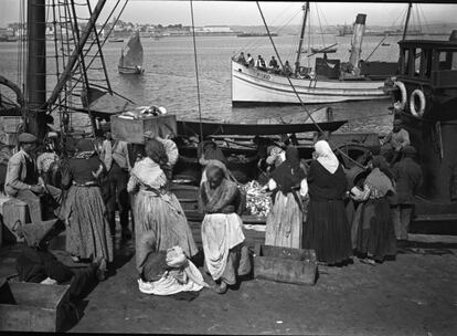 Barco pesquero a vapor y desembarco y lavado del pescado en el puerto de A Coruña el 29 de julio de 1909