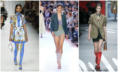 Las sandalias con calcetín puede que sea una de las modas más denostadas, pero en las semanas de la moda se ha visto zapato abierto con calcetines y medias. En la imagen, de izquierda a derecha, modelos en el desfile de Versace, Missoni y Prada.