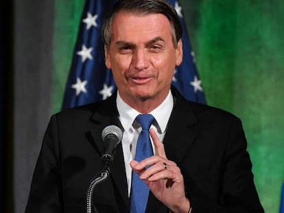 Bolsonaro discursa na Câmara de Comércio em Washington.