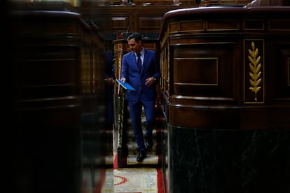 El presidente del Gobierno, Pedro Sánchez, tras intervenir en el pleno monográfico sobre caso 'Pegasus' en la Cámara baja. 