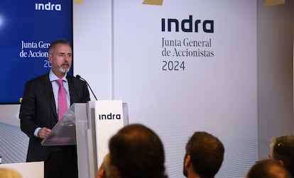 Marc Murtra, presidente de Indra, en su intervención durante la junta de accionistas de la compañía.