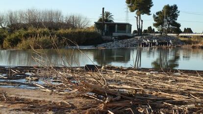 Acumulaci&oacute;n de ramas secas junto al J&uacute;car en el azud de Cullera. Al fondo, manifestantes de X&uacute;quer Viu.