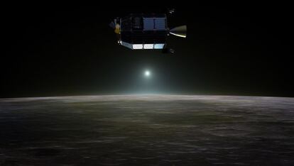 Ilustración de la nave automática `LADEE´, en órbita baja sobre la superficie de la Luna y en trayectoria de impacto allí. 