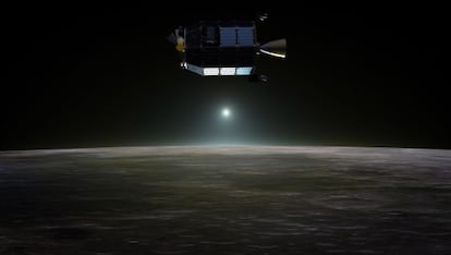 Ilustración de la nave automática `LADEE´, en órbita baja sobre la superficie de la Luna y en trayectoria de impacto allí.