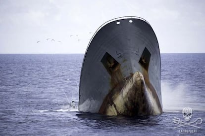 El Thunder, hundido en Sao Tomé ante un barco de la ONG Sea Sheperd.