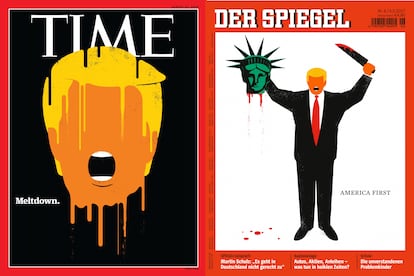 Dos de las portadas con las que el ilustrardor Edel Rodríguez se ha granjeado el odio de los seguidores de Donald Trump. A la izquierda, la dela revista 'Time', reconocida como mejor portada del año (agosto de 2016); a la derecha, la del semanario alemán 'Der Spiegel' que dio la vuelta al mundo (enero de 2017). |