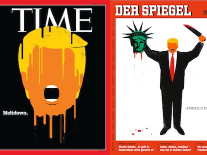 Dos de las portadas con las que el ilustrardor Edel Rodríguez se ha granjeado el odio de los seguidores de Donald Trump. A la izquierda, la dela revista 'Time', reconocida como mejor portada del año (agosto de 2016); a la derecha, la del semanario alemán 'Der Spiegel' que dio la vuelta al mundo (enero de 2017). |