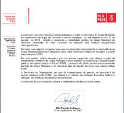 Carta de la secretaria de Organización