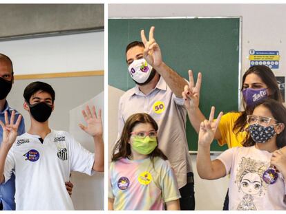 Os candidatos Bruno Covas (PSDB) e Guilherme Boulos (PSOL), durante votação no primeiro turno para a Prefeitura de São Paulo, neste domingo, 15 de novembro de 2020.