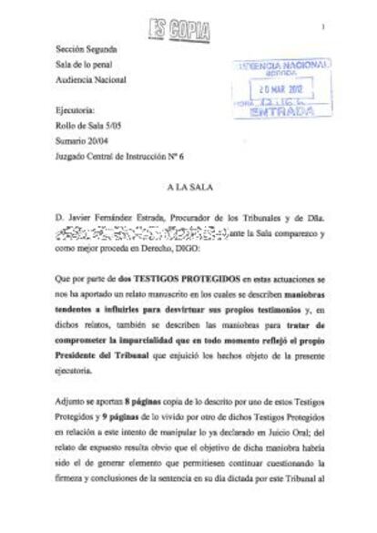 Primera página de la denuncia, con el sello de entrada en la Audiencia Nacional.