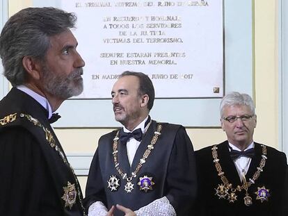 Acto de apertura del año judicial, en la imagen, el presidente del Tribunal Supremo, Carlos Lesmes (izquierda), Manuel Marchena (centro) y Luis María Díez-Picazo (derecha).