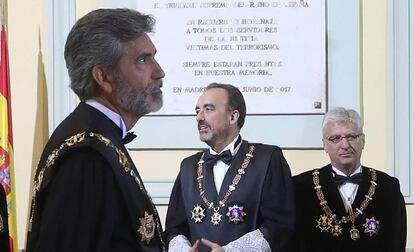 Acto de apertura del a?o judicial, en la imagen, el presidente del Tribunal Supremo, Carlos Lesmes (izquierda), Manuel Marchena (centro) y Luis Mara Dez-Picazo (derecha).