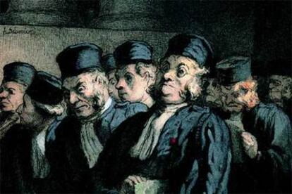 <i>Abogados y jueces, antes de la audiencia</i> (hacia 1862), de Honoré Daumier.