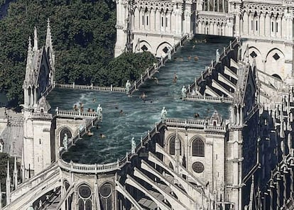 Dotar a la catedral de un uso complementario al del asombroso interior ha sido la decisión del estudio sueco Ulf Mejergren Architects. Para ello, proponen esta gran piscina concebida como un nuevo espacio público para la contemplación, que invitase a la meditación y la reflexión que desencadena un espacio como el de Notre Dame.