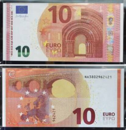 Detalle del anverso y reverso del nuevo billete de 10 euros en la sede del BCE en Fráncfort (Alemania). EFE/Archivo