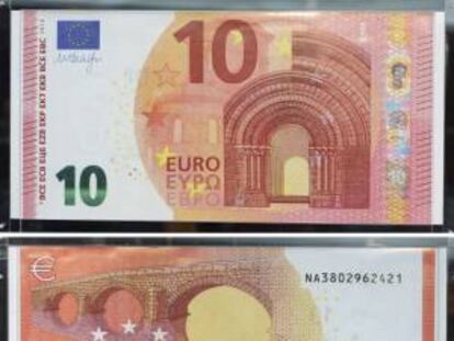 Detalle del anverso y reverso del nuevo billete de 10 euros en la sede del BCE en Fráncfort (Alemania). EFE/Archivo