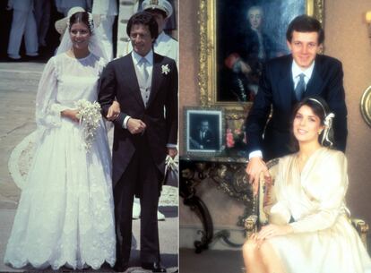 Una novia, dos estilos. A la izquierda, Carolina de Mónaco el día de su boda con Philippe Junot, el 29 de junio de 1978. A sus 21 años, escogió un recatado vestido con falda de organza de Marc Bohan para Dior. En su enlace con Stefano Casiraghi, el 29 de diciembre de 1983, Carolina de Mónaco daba un giro de 180 grados y aunque volvía a apostar por Dior, elegía un moderno vestido de raso en tono doarado.