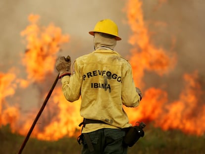 Un miembro de la brigada de bomberos del Instituto Brasileño de Medio Ambiente intenta controlar un incendio en la tierra indígena Tenharim Marmelos (Brasil), el 15 de septiembre.