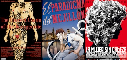 De izquierda a derecha, cartel para remasterización de ‘El discreto encanto de la burguesía’, de Buñuel; ‘El Paradigma del Mejillón’, película ficticia que dirige el personaje de Eusebio Poncela en 'La ley del deseo'; cartel de ‘La Mujer Sin Cabeza’, de Lucrecia Martel. Tres portadas de películas elaboradas por Juan Gatti.