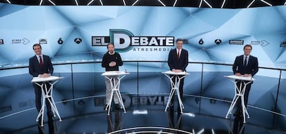 Elecciones Generales 28 A. Debate en Atresmedia con la participación de Pablo Casado (Partido Popular), Pablo Iglesias (Unidas Podemos), Pedro Sánchez (PSOE) y Albert Rivera (Ciudadanos). Foto: Uly Martín