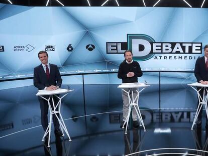 Elecciones Generales 28 A. Debate  en Atresmedia con la participación de Pablo Casado (Partido Popular), Pablo Iglesias (Unidas Podemos), Pedro Sánchez (PSOE) y Albert Rivera (Ciudadanos). Foto: Uly Martín