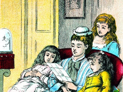 Portada de la edición de <i>Mujercitas,</i> de Louisa May Alcott, de Good Tone Library, de 1880 <b>(del libro</b><i> 1001 libros infantiles que hay que leer antes de crecer,</i> de Julia Eccleshare, Grijalbo).