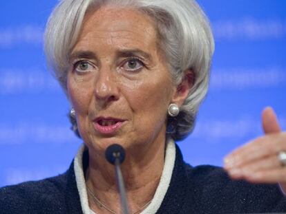 International Monetary Fund (IMF) Managing Director Christine Lagarde speaks during a press briefing in Washington, DC, on April 18.