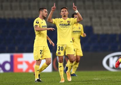 Yeremi Pino celebra su gol en partido de la Europa League contra el Qarabag en Estambul este jueves.