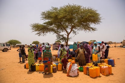 Una de las actividades de prevención y sensibilización organizadas regularmente por ACH en los campamentos de refugiados de Mberra es enseñar normas de higiene básicas que impidan la transmisión de enfermedades, especialmente las diarreas. Lavado de bidones de agua bajo una de las pocas acacias que quedan en pie.