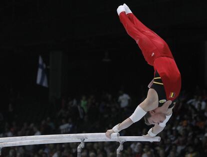 Bélgica nunca ha sido una potencia en gimnasia, pero se ha tomado su papel de anfitrión en serio. Thomas Neuteleers, durante su ejercicio de paralelas.