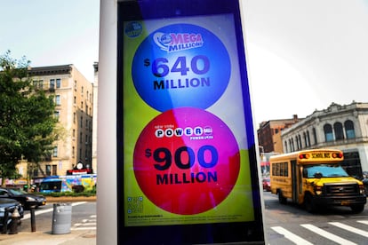 An electronic message board displays Powerball and Mega Millions lottery jackpots in New York City, New York, U.S., July 17, 2023.