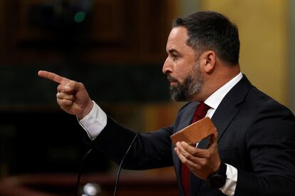 El líder de Vox, Santiago Abascal, enseña un adoquín durante su intervención este miércoles en el Congreso de los Diputados.
