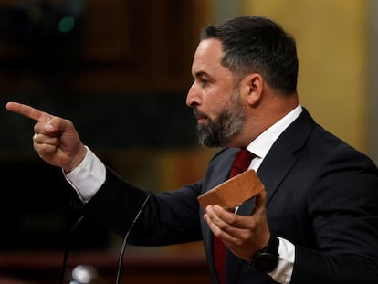 El líder de Vox, Santiago Abascal, enseña un adoquín durante su intervención este miércoles en el Congreso de los Diputados.