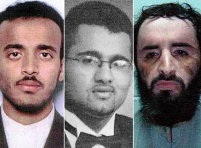 De izquierda a derecha, los detenidos en Guantánamo Ramzi Binalshib, Mayid Jan y Abu Faraj al Libi.