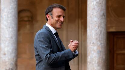 El presidente francés, Emmanuel Macron, este viernes en el Palacio de Carlos V de la Alhambra.