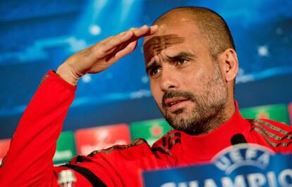 Pep Guardiola en una rueda de prensa de la Liga de Campeones.