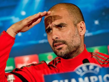 Pep Guardiola en una rueda de prensa de la Liga de Campeones.