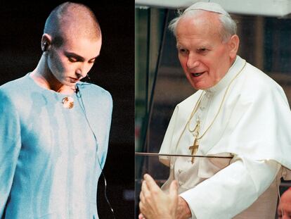 Irish singer Sinead O’Connor stands alone while the crowd boos her at Bob Dylan’s 30th anniversary celebration in New York on Oct. 16, 1992, 13 days after she ripped a photo of Pope John Paul II (left) during an appearance on "Saturday Night Live".