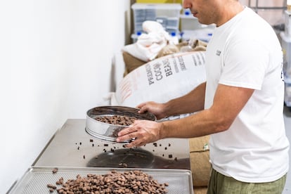 Las habas de chocolate se seleccionan cuidadosamente a mano, descartando aquellas que estén defectuosas y algunas impurezas. 