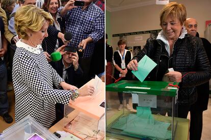 Esperanza Aguirre y Celia Villalobos. Las dos expolíticas del PP vestían de domingo para ir al colegio electoral. Aguirre, que abandonó la carrera política en 2017, era la candidata a la Alcaldía de Madrid en 2015, cuando acudió a votar en Malasaña con un vestido ajedrezado, y la malagueña –que fue presidenta del Congreso de los Diputados con Rajoy– todavía era diputada cuando fue a votar en diciembre de 2018 en su ciudad para las elecciones andaluzas, con una camisa de cuello barroco. Poco después, en febrero de este año, anunció que iba a dejar la política.