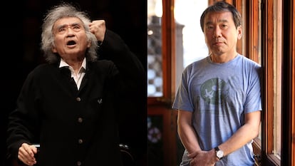 Seiji Ozawa dirigiendo la Saito Kinen Orchestra, en 2010. A la derecha, Haruki Murakami, en Barcelona.