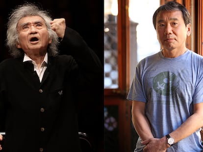 Seiji Ozawa dirigiendo la Saito Kinen Orchestra, en 2010. A la derecha, Haruki Murakami, en Barcelona.