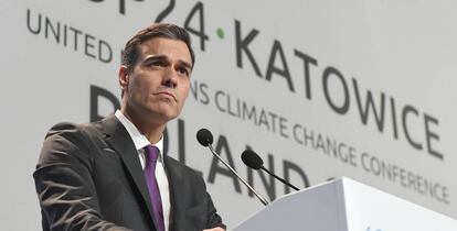 Pedro Sanchez durante el discurso en Katowice, Polonia