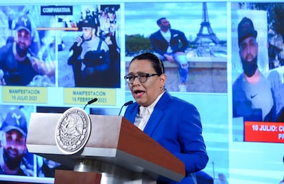 Rosa Icela Rodríguez durante la conferencia matutina de Presidencia