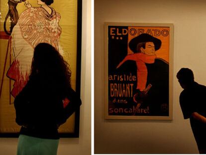 A la izquierda, dos carteles de Toulouse-Lautrec, que se exhiben en el Muvim; a la derecha, uno de los carteles de Ramón Casas para Anís del Mono, que se muestra en la Llotgeta.
