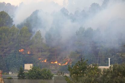 Imagen del incendio de Montixelvo desde Villalonga que ha obligado a desalojar a cerca de 950 personas en varias poblaciones y urbanizaciones de la zona.