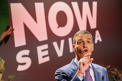 El presidente del Gobierno, Pedro Sánchez, en Sevilla en un acto de la IV Conferencia Internacional de la ONU sobre Financiación al Desarrollo.
