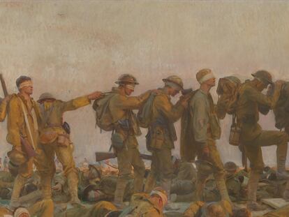 A row of soldiers in 'Gassed' (1919), a painting by John Singer Sargent.