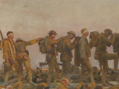 A row of soldiers in 'Gassed' (1919), a painting by John Singer Sargent.